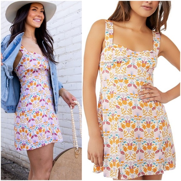 NEW! Free People Ivory Floral Print Sasha Sweetheart-Neck Mini Dress - Picture 3 of 17